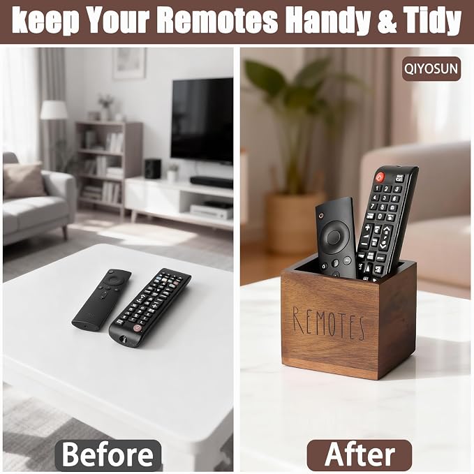 Remote Control Holder, Farmhouse Wood TV Organizer for Table, Wooden Remote Control Organizer, Remote Storage Caddy, Remote Control Organizer (Brown, 3.5 Inch-Labeled REMOTE)