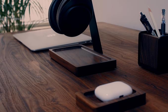 Walnut Desk Tray with Pen Holder Set, Solid Wooden Desk Drawer Organizer for Keys, Pen, Watch, Airpods, Earbuds, Cool Valet Tray for Men