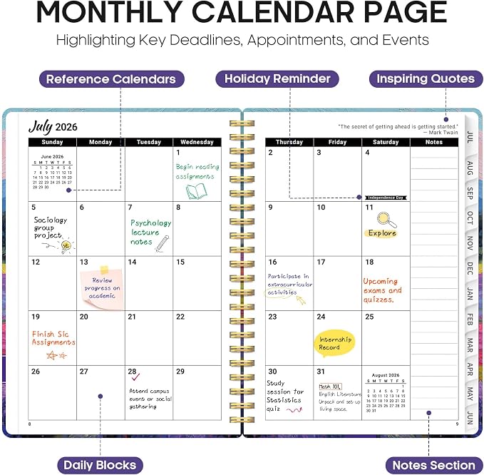 Planner 2026–2027, Academic Year Monthly & Weekly Calendar Book, Jul 2026–Jun 2027, Hardcover Organizer with Tabs, Student & Teacher Planner, 6.3" x 8.5", Sienna Meadows