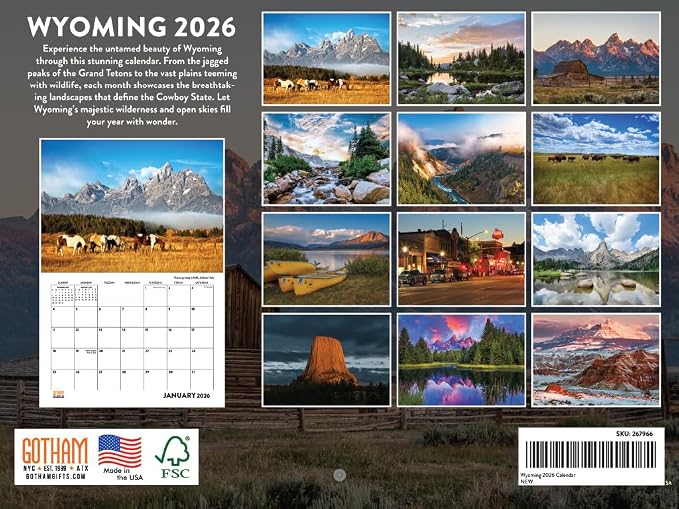 Wyoming Calendar 2026 Wall 12 Month Monthly WY Scenic Souvenirs Themed Gifts | American Made In The USA