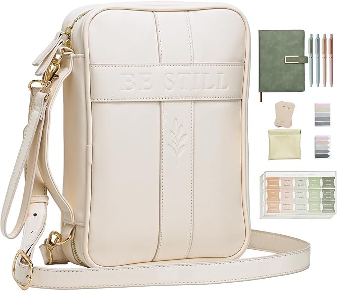 Bible Cover Case for Women, Vegan Leather Bible Carrying Case with Strap and Zipper, Bible Study Kit with Journal, Pens, Tabs and Sticky Notes, Large Bible Bag for Church, Ideal Gift (Beige)