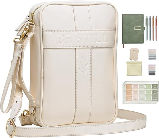 Bible Cover Case for Women, Vegan Leather Bible Carrying Case with Strap and Zipper, Bible Study Kit with Journal, Pens, Tabs and Sticky Notes, Large Bible Bag for Church, Ideal Gift (Beige)