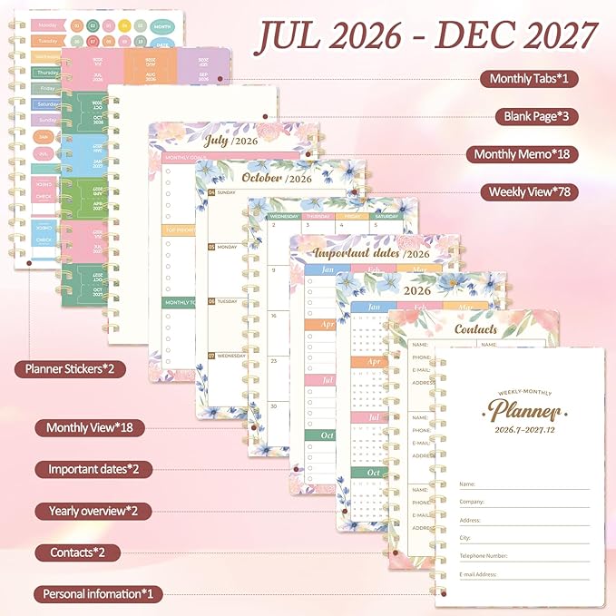 Planner 2026-2027, Floral 18 Months Academic Daily Weekly Monthly Planner Yearly Agenda July. 2026–Dec. 2027, 5.58" x 6.3", Month Tabs, Pocket Folder, Bookmark, Stickers,Ruler with Sticky Note Set