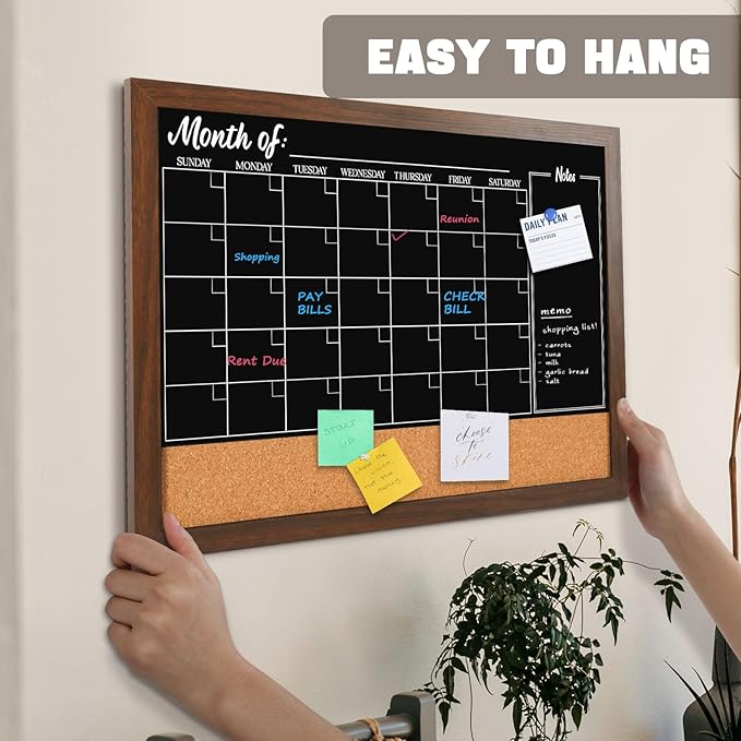 4 THOUGHT Chalkboard Calendar Corkboard Combo, 24" x 36" Large Bulletin Board Magnetic Calendar Chalkboard for Wall Combination Board Monthly Planner Rustic Brown Frame 4 Markers 8 Magnets 10 Pushpins