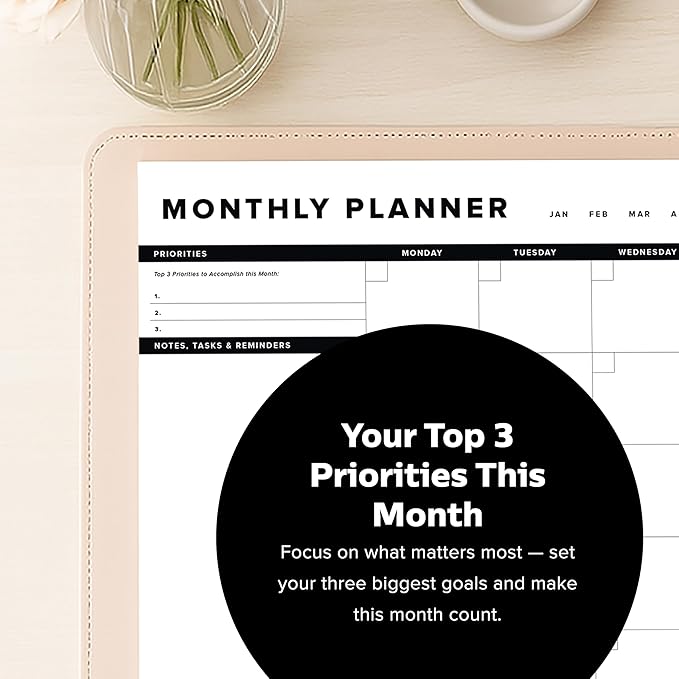ThreeKin Onyx Monthly Planner - Premium 18-Sheet Tear-Off Notepad, 12 x 18 inches, Clean Design, Perfect for Work, School, Projects, and Entrepreneurs, Female & USA Owned Business