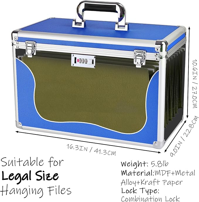 File Storage Cabinet for Legal Size Hanging File Folders, Suspension File Holder, Document Organizer Filing Lockbox in Office and Home with Combination Lock and 10-pack Hanging Files (Blue, Legal)