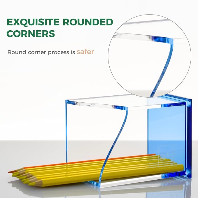 Blue Acrylic Pencil Pen Holder Cup, Desk Accessories Holder,Makeup Brush Storage Organizer, Modern Design Desktop Stationery Organizer for Office School Home Supplies, 3.1x 3.1x 4.3 inch