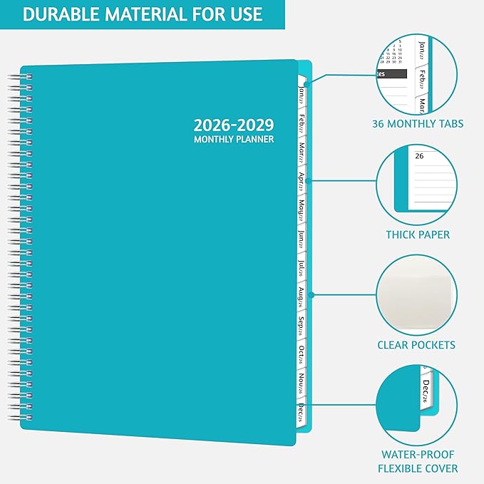 Monthly Planner 2026-2029, 36 Months Calendar Planner 2026-2029 from Jul 2026 – Jun 2029, 8.5'' x 11'' with Ruled Spread, Flexible Cover, Spiral Wirebound, Pocket, Coated Tabs, Notes ＆ Habit Tracker