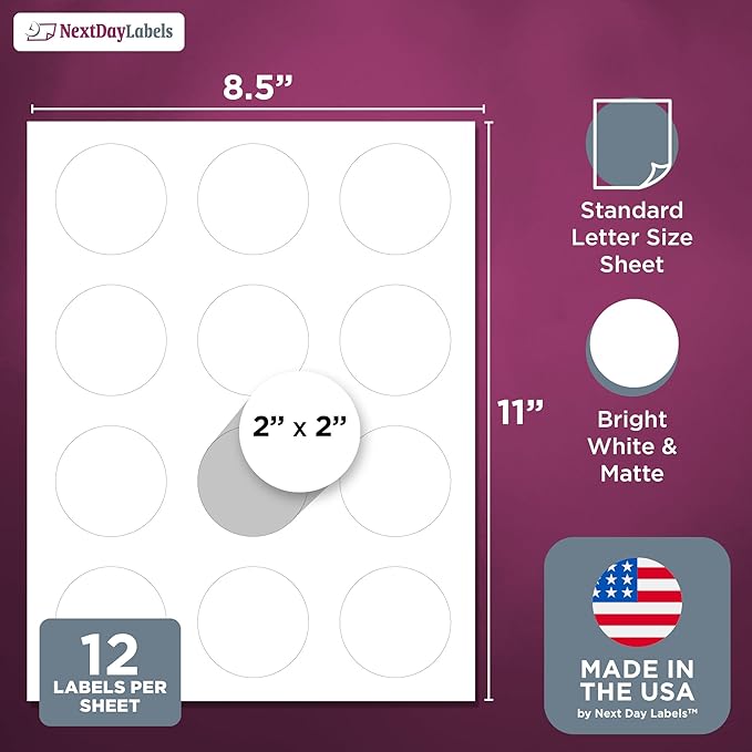 NextDayLabels 2 Inch Round Circle Stickers White for Bleeds Laser Inkjet - 12 Per Sheet Self-Adhesive Candle Jar Product Lids Made in USA - 6000 Labels