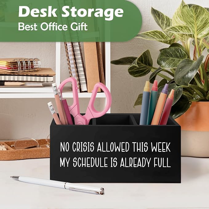 Funny Office Decor Wooden Pen Pencil Holder, Humorous Funny Office Gifts for Coworkers Women Men, No Crisis Allowed This Week Sign Desk Organizer for Desk Table