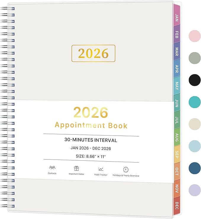 2026 Appointment Book, 30 Minutes-Hourly, Weekly ＆ Monthly Calendar Planner 2026, Jan 2026 - Dec 2026, 8.5'' x 11'', 2026 Daily Planner with Tabs ＆Pocket, Flexible Cover, Great for Office, Home, School