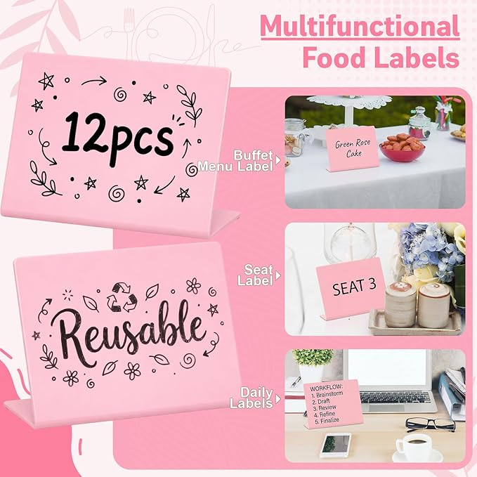 12 Pcs 4 x 3 Inches Pink Food Labels for Party Buffet Mini Chalkboard Signs with 2 Chalk and 1 Eraser Small Table Signs for Wedding Birthday Bakery Table Display Food Display