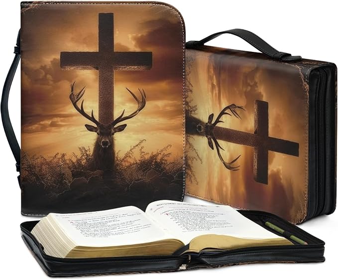 Print PU Bible Cover – Personalized Leatherette Bible Covers and Carrying Case with Handle, Men Bible Case,Deer and Cross,X-Large