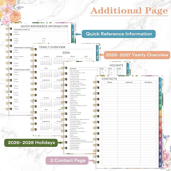 Planner 2026-2027 - Academic Planner 2026-2027, July 2026 - June 2027 Planner Weekly and Monthly Academic Year Planner Calendar, 8.4" x 6.3"，Colorful Tabs, Elastic Closure, Back Pocket, Floral