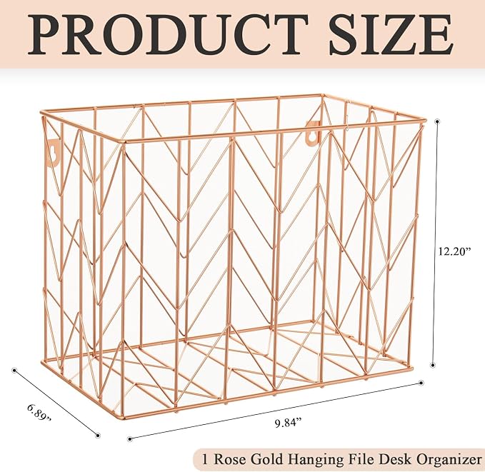 1 Pack Rose Gold Hanging File Organizer, Decorative Metal File Storage Basket for Letter Size Folders, Desk Organizer for Home Office