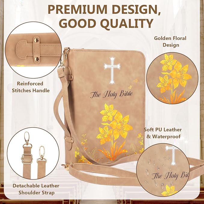 Bible Cover Case for Women & Men, JXAVO PU Leather Bible Covers, Large Bible Carrying Book Case with Handle & Shoulder Strap, Bible Cases with Zippered Pocket, Bibles Bag Accessories for Girls Boys
