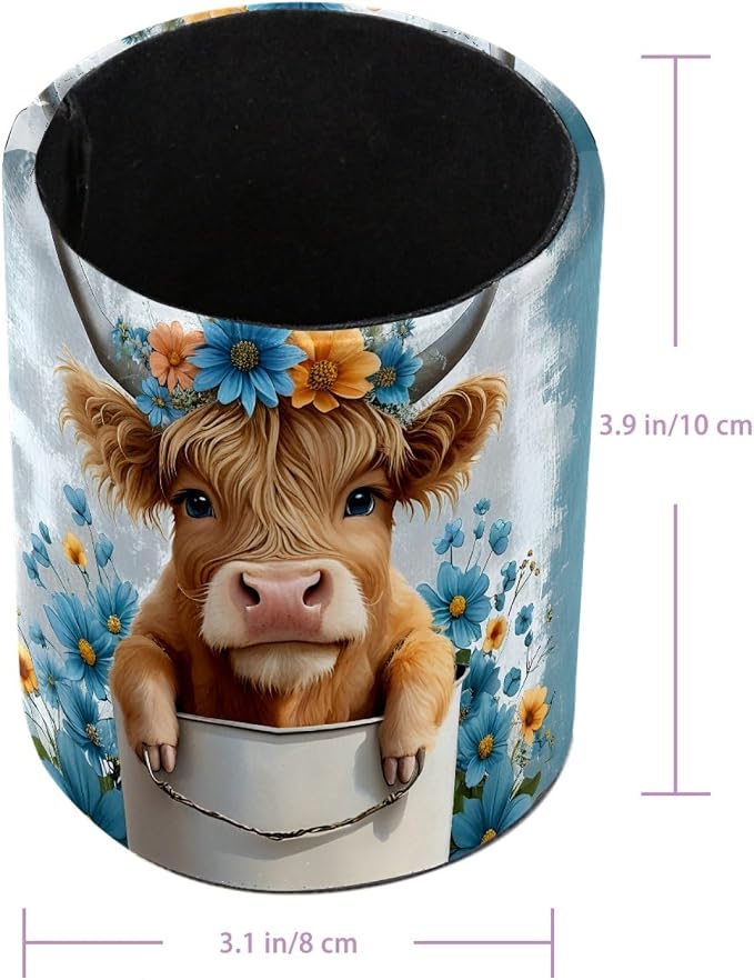 Highland Cow Floral Rustic Pen Holder Pencil Organizer Cute Pencil Cup Desk Decor Makeup Brush Holder PU Multifunctional Office Supplies for Home Classroom School