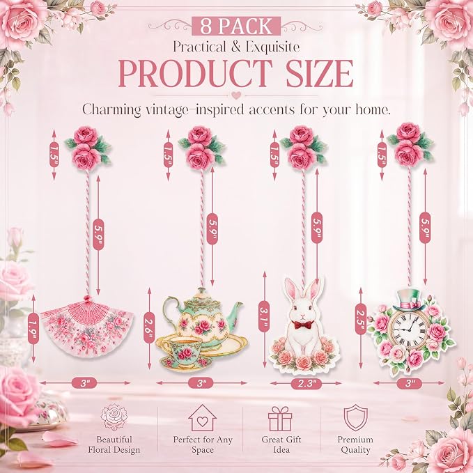 Resurhang 8 Pcs Pastels Teacup Teapot Bookmarks with Floral Design Cute Tea Bag Felt Bookmarks Gift Bulk for Mother, Tea Party Favors, Teacher, Book Lovers, Unique Gift for Women (Pink Dream)