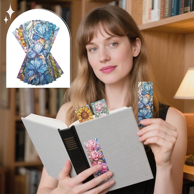 Stained Glass Flower Bookmark Gifts - Cosmisun 10 Pcs Floral Transparent PVC Bookmark Stained Glass Art Plant Book Mark Page Clips Gifts for Women Men Book Lovers Teacher Student Bookish Reader