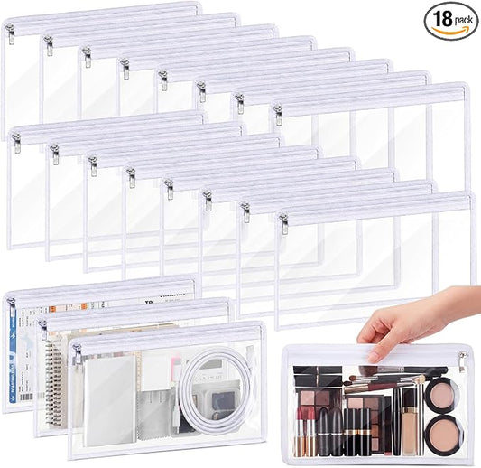 Ireer 18 Pcs Clear Zipper Pouches PVC Waterproof Pouch Bags Transparent Zipper Pouch Clear Storage Bags Multipurpose for Organizing Travel Cosmetics Document File (White,11.5 x 7 Inch)