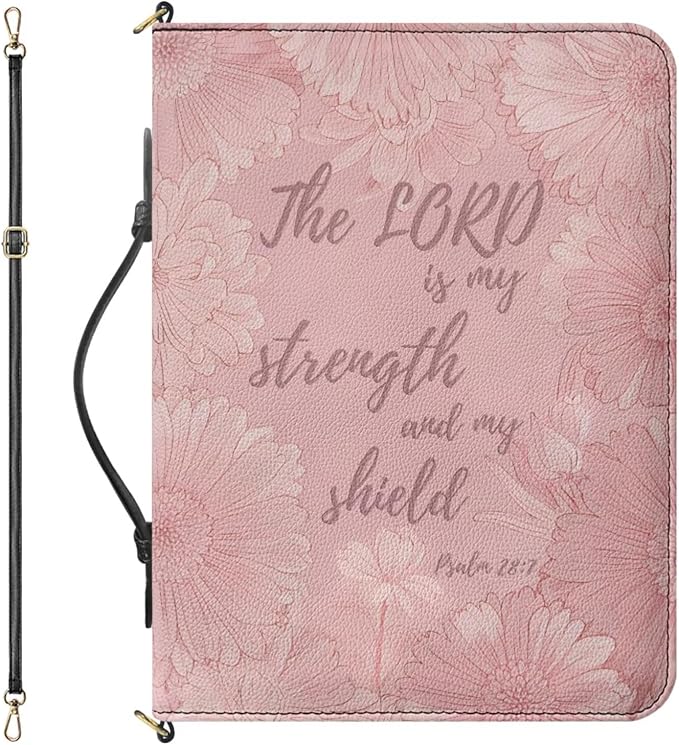 Pink Bible Cases for Girls, Medium Bible Bag with Strap and Handle, Psalm 28:7 Floral Print PU Leather Book Protecto with Inner Pockets and Pen Loop, Biblia Study Supplies for Girls