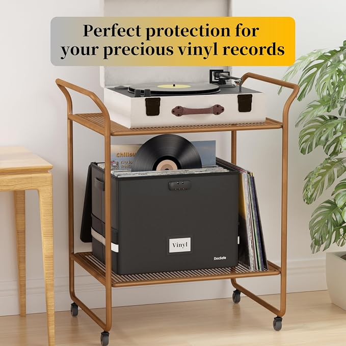 DocSafe Fireproof Vinyl Record Storage Box with Lock,Large Record Organizer Storage for 150+ Single Records,Collapsible Storage Crate with Lid&Handles for Valuable Album Collection,16.1''x13''x13''