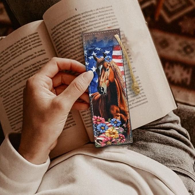 Bookmark 2 PCS Leather Bookmarks for Women, Men, Book Lovers Horse American Flag Flower Page Markers for Students Teachers Reading Bookmarks Accessories for Book Lovers