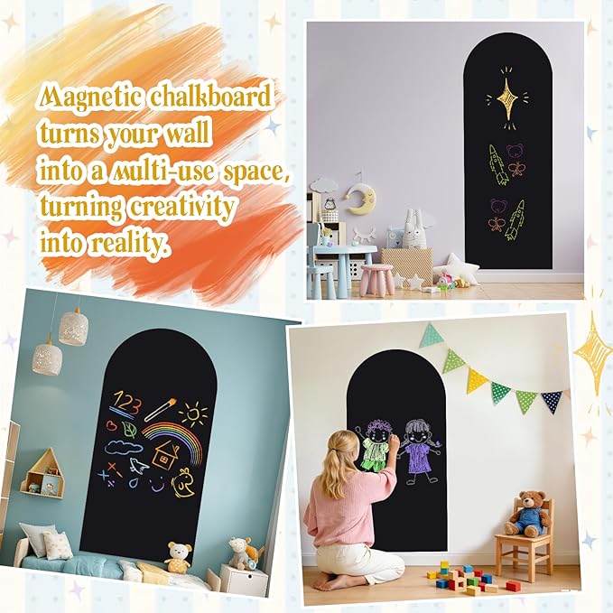 Arch Magnetic Wall Decal 47.24" x 17.52", Magnet Chalkboard for Wall, Magnetic Chalk Board Sticker, Chalk Wallpaper Peel and Stick for Playroom Classroom with Chalks, Wiping Cloth (Black)
