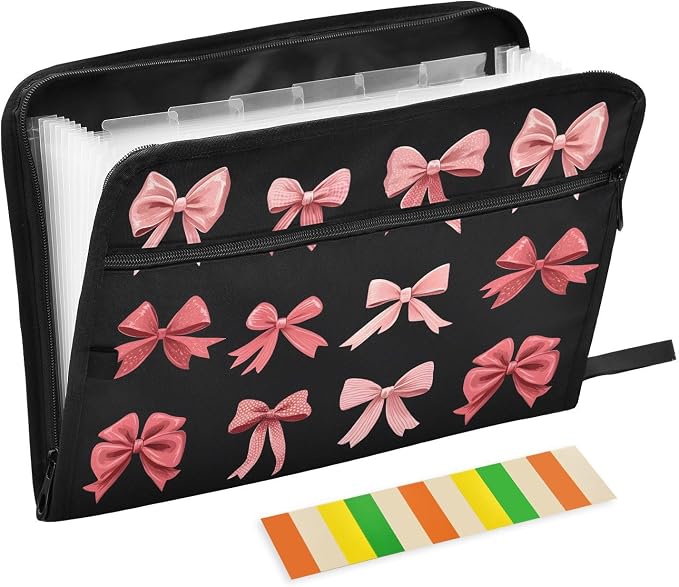 Expanding File Folder Pink Red Bow Black Accordion File Organizer 13 Pockets Document Organizer with Zipper Labels A4 Letter Office Storage