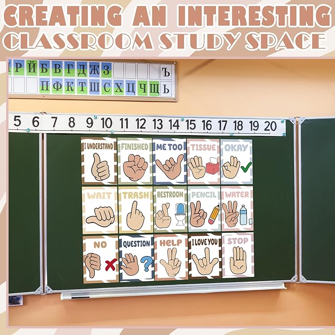 MotiMind 15 Pcs Classroom Hand Signal Cards Signal with Adhesive Tapes Decor Classroom Learning Bulletin Board Hand Signals Language Posters for Teachers Students Visual Cues(Morandi)