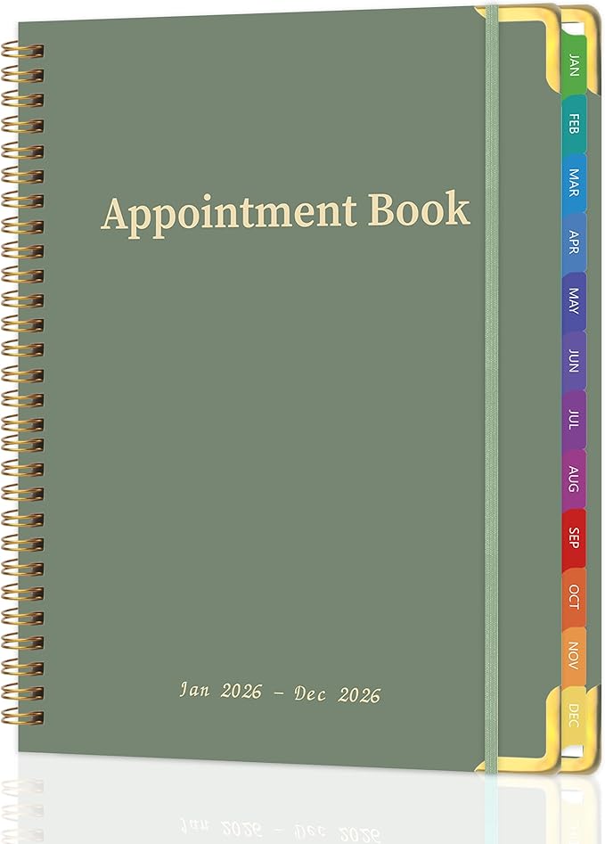 Appointment Book 2026 with Colorful Tabs ,Hardcover Weekly & Monthly Appointment Planner from Jan 2026-Dec 2026 ,Daily 7AM - 10 PM Hourly Schedule Planning for Salon,Client,12 Monthly Calendar 9" x 11", Green