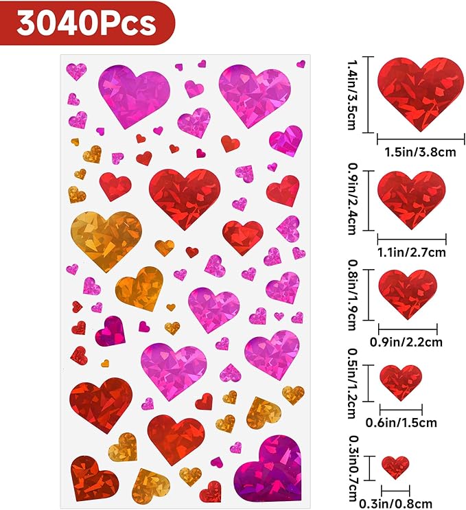 Anwyll 3000Pcs Heart Stickers - 1/2Inch Holographic Colored Heart Stickers Tiny Mini Small Heart Shape Sticker Self Adhesive Happy Valentines Day Heart Love Sticker for Envelope Card Crafts Gift Wrap