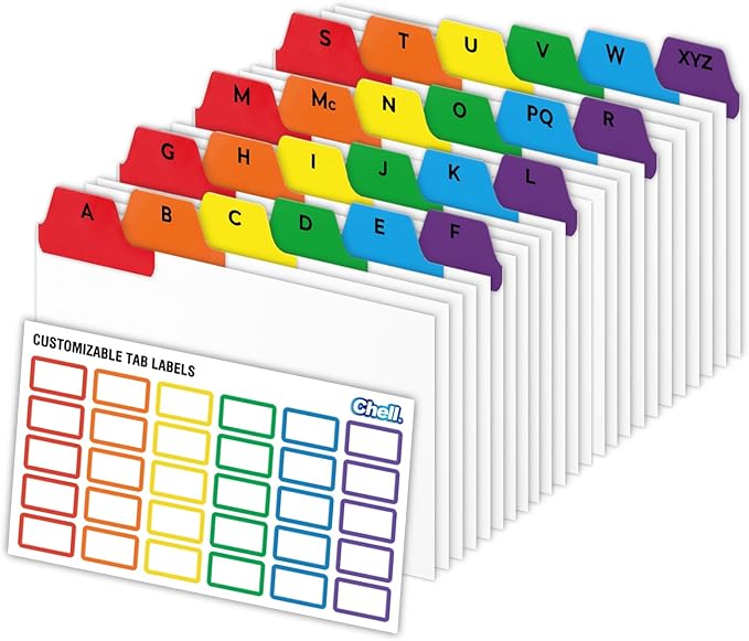 Chell 3x5 Index Card Dividers, Heavyweight A-Z Tabbed Guides, 110 lb. Cover Weight, with Blank Stickers, 1 Set