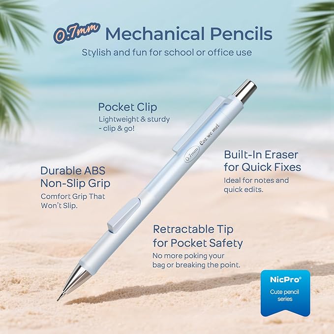 Nicpro 4 PCS Pastel Mechanical Pencil 0.7mm, Cute Fast Click Mechanical Pencils Set with 8 Tubes HB Lead Refills, Erasers, Eraser Refills for School, Student Writing, Drawing, Sketching - with Case