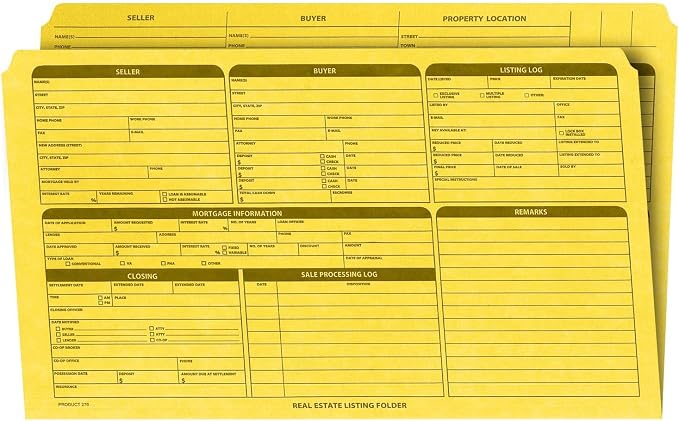 Real Estate Listing Folder Right Panel -Legal Size- Holder for Documents, Pre-Printed with Closing Checklist & Tracker Card Stock Color-Coded Dots for Organization - Made in USA 25-Pack Yellow