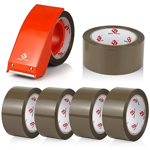 BOMEI PACK Heavy Duty Packing Tape with Dispenser 1.88'' x 66 YDs, Brown Box Tape for Packaging Shipping Moving Storage and Mailing, Strong Package Tape 6 Rolls + 1 Dispenser, Total 396 YDs