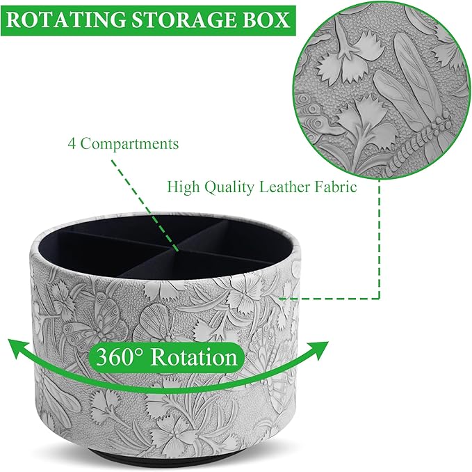 Round Leather Art Supply Organizer,Remote Control Holder,360-degree Rotating Pen Organizer with 4 Compartments(1-Butterfly Grey)