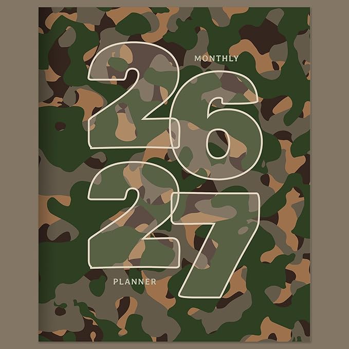 TF Publishing July 2026 - June 2027 Camo Medium Monthly Planner - 12 Month Academic Planner 2026-2027 with 2-Page Spreads, Monthly Calendar Grids and Planning Prompts - 6.5 in x 8 in