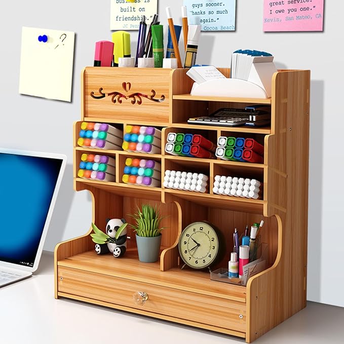 TOPINCN Wooden Office Desk Organizer for Desktop, Multi Functional Pencil Pen Holder Caddy Countertop Stationery Storage Box, Easy Assembly Home Office Art Supplies Table Organizer