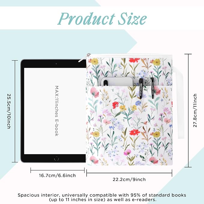 Book Sleeve with Zipper, 11''x 9'' Waterproof Paperback Sleeve for Book Lovers Books Pouch Cover with Handle for Hardcovers Kindle Sleeve for Reader Teacher Women (Colorful Flowers, 11x 9 inch)