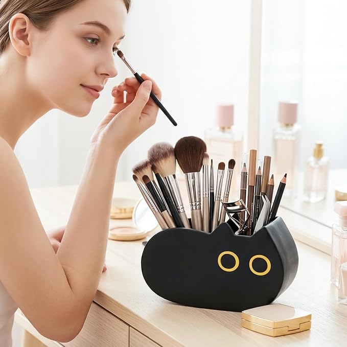 MALLMALL6 Black Cat Pencil Holder - Back to School Wooden Pen Holder, 2 Compartments Kitten Shaped Caddy Case Gifts for Kid Students Pet Lover, Desktop Storage Organizer for Classroom Office Decor