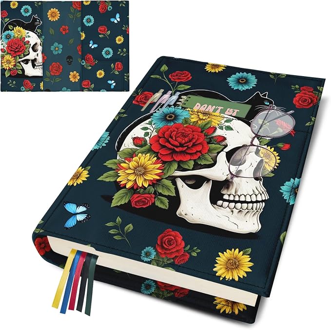 Skull Black Cat Paperback Book Cover Protector,Adjustable Washable Soft Canvas Fabric Book Covers with Bookmark,Double Side Print Book Dust Jacket Covers for Hardcover Novel,Halloween Book Lovers Gift