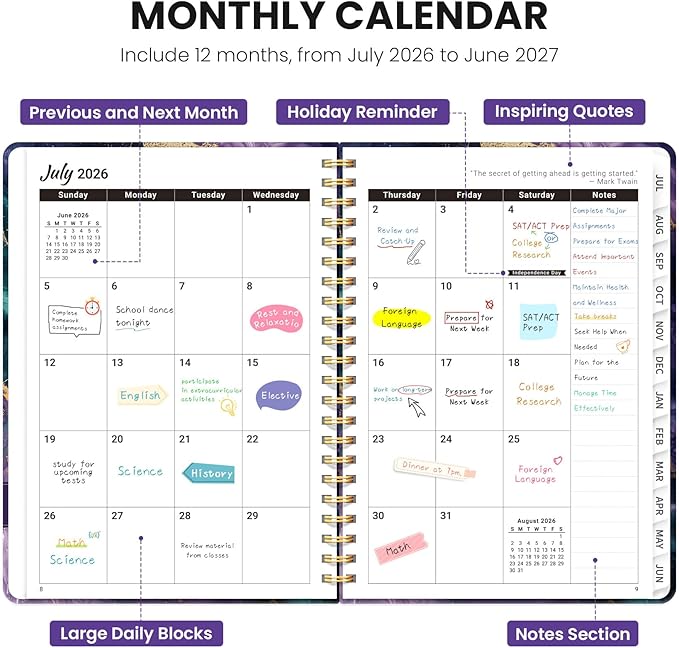 Planner 2026-2027, Monthly and Weekly Academic Planner July 2026 - June 2027, Hardcover Student Teacher Planning Agenda Calendar Book with Tabs, Perfect for Office School Supplies, A4 (8.5" x 11") - Velvet Rift