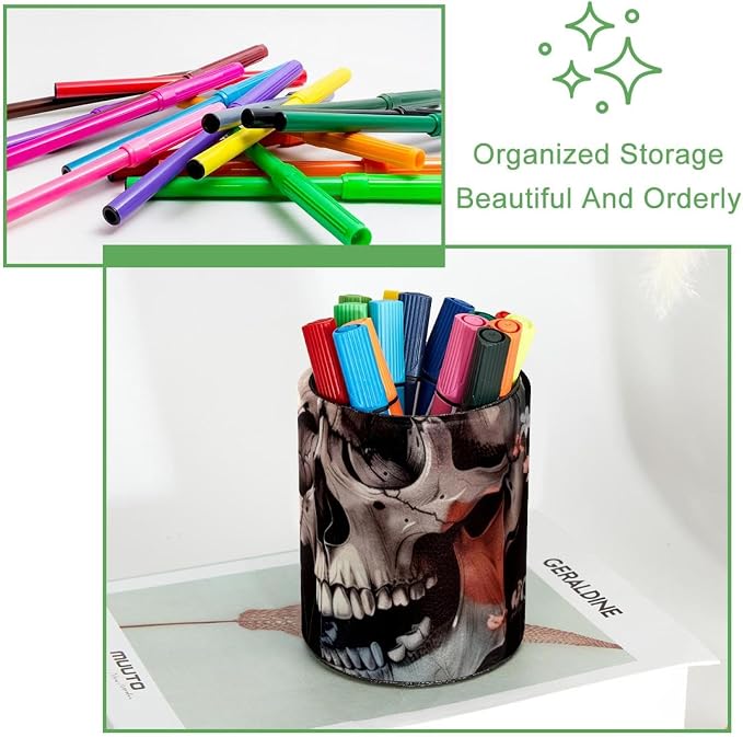 Pen Holder for Desk, Skulls Pink Flowers Retro Art Pattern Leather Pencil Cup for Desk, Round Pencil Holder Desk Organizer for Home, School, Office, Classroom