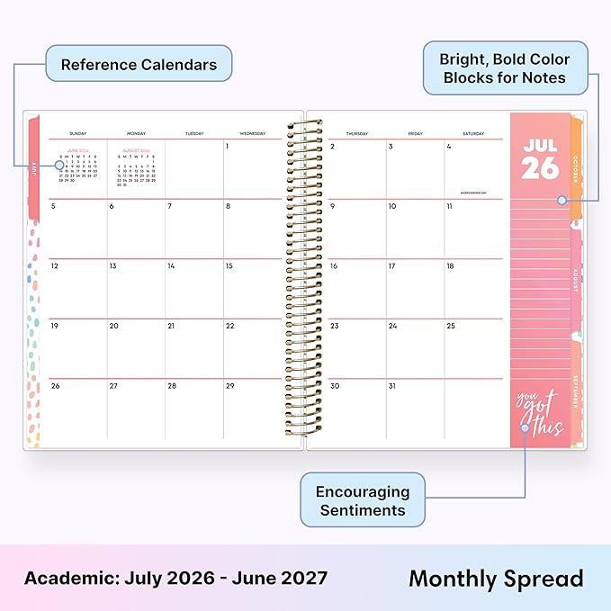 Blue Sky Livewell 2026-2027 Weekly and Monthly Academic Year Planner Calendar, July 2026 - June 2027, 7" x 9", Flexible Cover, Wirebound, Colorful Interior, Laminated Tabs, Storage Pocket, Includes Stickers, Charmie