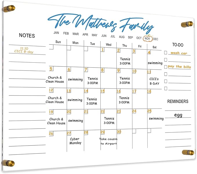 Clear Acrylic Calendar Dry Erase for Wall, Family Planner, Monthly Calendar Dry Erase Whiteboard for Home, Office, 24" x 16" Reusable White Board（YL-4060）