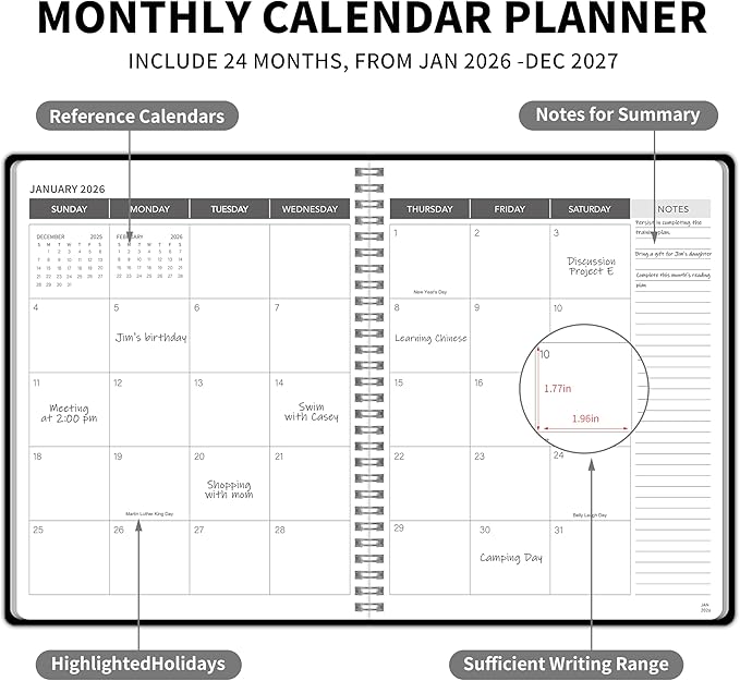 Monthly Planner 2026-2027, 2026 Calendar 24 Months Planner, Jan 2026 - Dec 2027, 8.6" x 11", Academic Calendar Hard PVC Cover with Spiral Bound, Perfect for School & Office for Women & Men