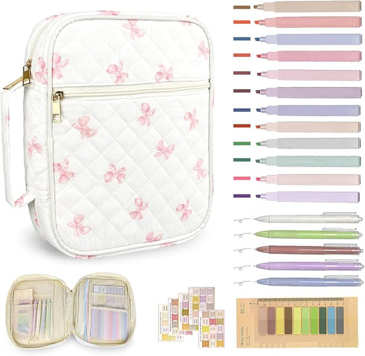 Bible Cover Case for Women,Bible Study Supplies Accessories,Bible Journaling Kit,Pink Flower Carrying Case with Highlighters