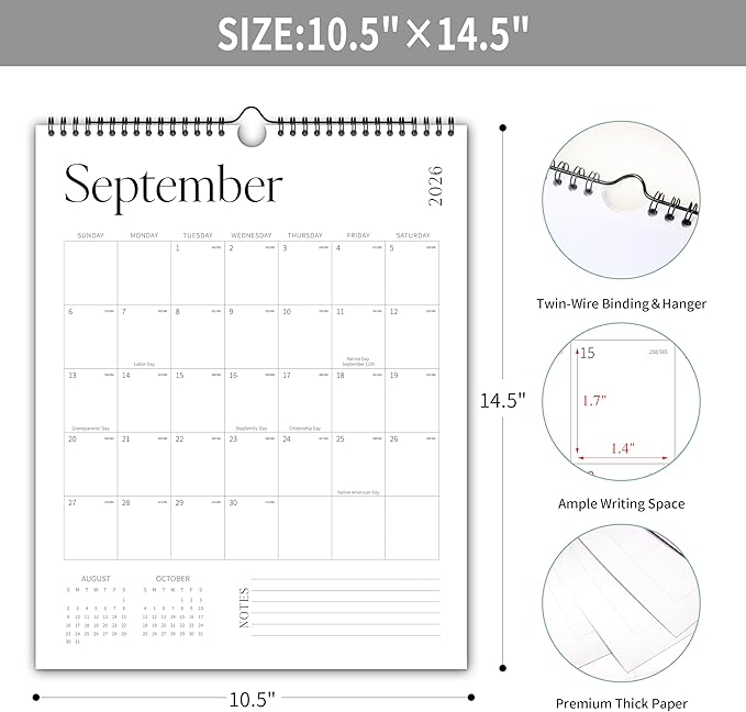 Aesthetic 2026 Wall Calendar - 12 Monthly Calendar from January 2026 to December 2026, 14.5" x 10.5", Modern Vertical Wall Hanging Calendar for Organizing & Planning, Leaves
