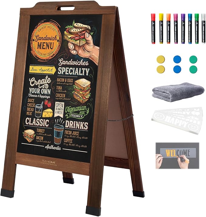 Magnetic Portable A-Frame Chalkboard Signs, 40" x 20" Large Wood Sandwich Board Signs Outdoor, Double-Sided Sidewalk Standing Chalk Board for Business, Wedding, Vendor Display, Coffee Shope - Brown